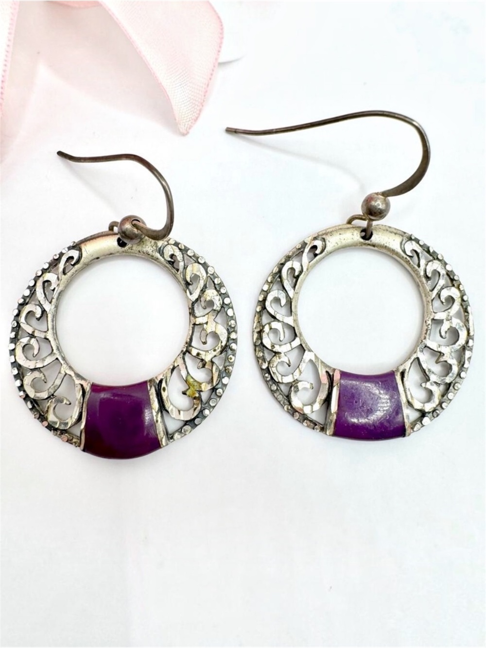 Vintage Navajo Sterling SC Silver Cloud Purple Inlay Etched Hoop Dangle Earrings